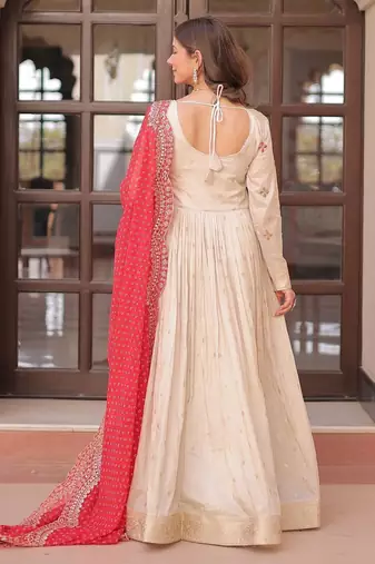 White & red silk anarkali readymade suit with embroidery & beads work