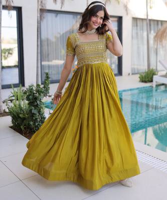 Mustard silk readymade gown with embroidery & beads work 2