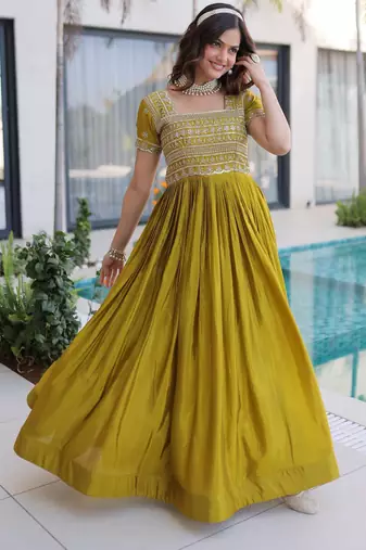 Mustard silk readymade gown with embroidery & beads work