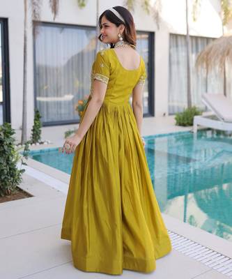Mustard silk readymade gown with embroidery & beads work 3