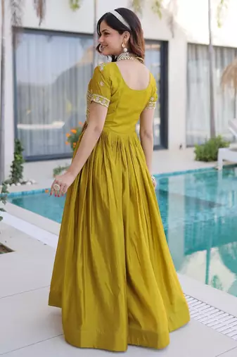 Mustard silk readymade gown with embroidery & beads work