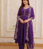 Violet chanderi silk anarkali readymade suit with thread embroidery work