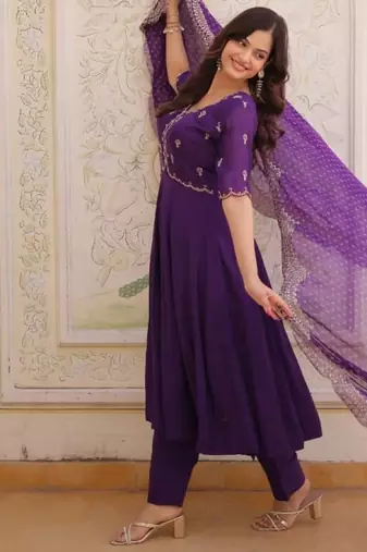 Violet chanderi silk anarkali readymade suit with thread embroidery work