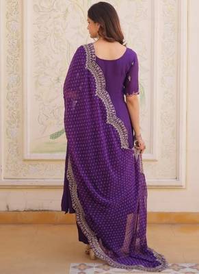 Violet chanderi silk anarkali readymade suit with thread embroidery work 3
