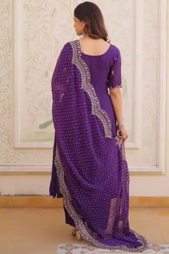 Violet chanderi silk anarkali readymade suit with thread embroidery work
