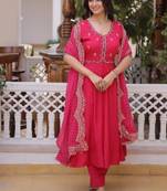 Rani pink chanderi silk anarkali readymade suit with thread embroidery work