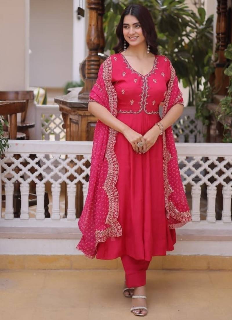 Rani pink chanderi silk anarkali readymade suit with thread embroidery work