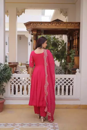 Rani pink chanderi silk anarkali readymade suit with thread embroidery work
