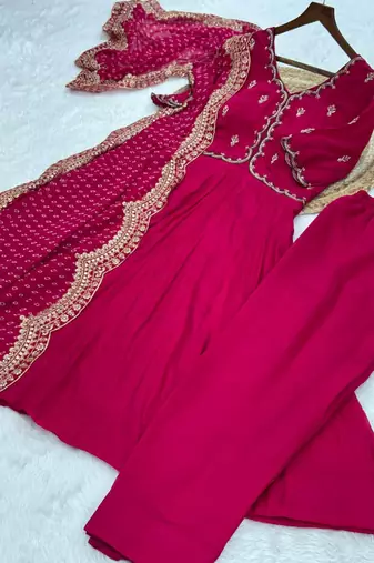 Rani pink chanderi silk anarkali readymade suit with thread embroidery work