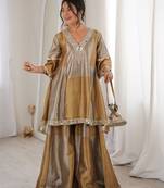 Grey & mustard tissue silk readymade suit with embroidery & mirror work