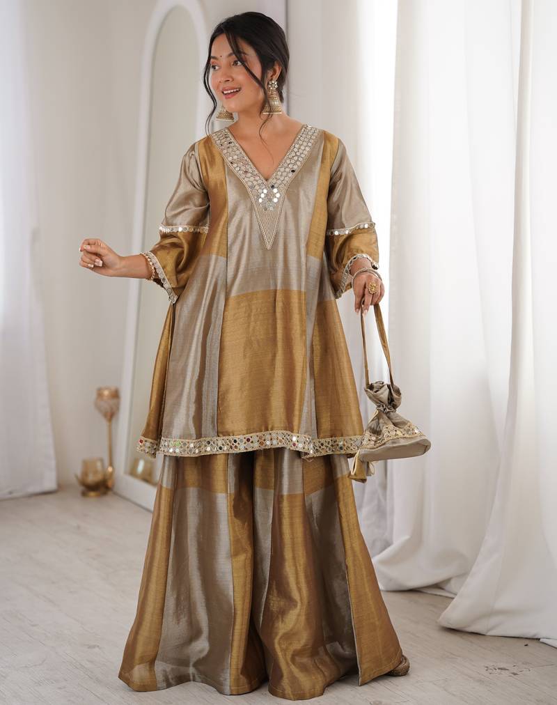 Grey & mustard tissue silk readymade suit with embroidery & mirror work