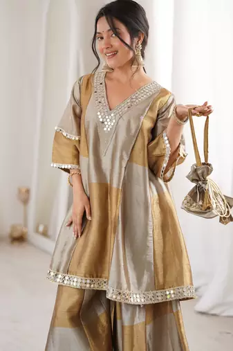 Grey & mustard tissue silk readymade suit with embroidery & mirror work
