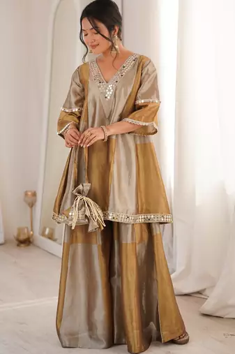 Grey & mustard tissue silk readymade suit with embroidery & mirror work