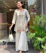 Women's Gorgeous Embroidery Work Silk Fabric Straight Kurta Palazzo Set