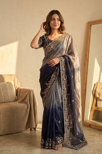 neavy blue-grey shaded in sequin embroidery chiffon saree 