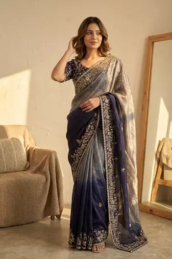 neavy blue-grey shaded in sequin embroidery chiffon saree 