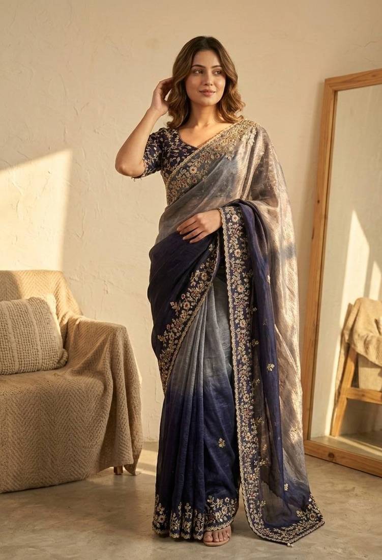 neavy blue-grey shaded in sequin embroidery chiffon saree 