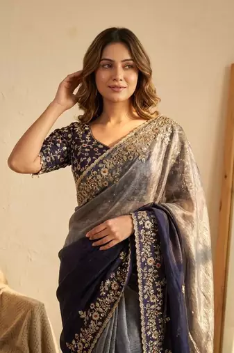 neavy blue-grey shaded in sequin embroidery chiffon saree 