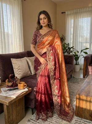 Orange-Maroon Shaded Color In Sequence Embroidery Chiffon Saree Work  1