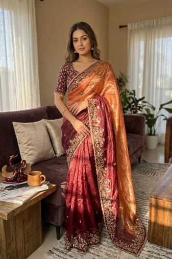 orange-maroon shaded in sequin embroidery chiffon saree 