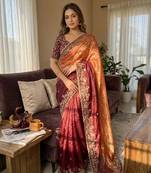 orange-maroon shaded in sequin embroidery chiffon saree 