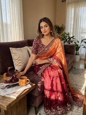 Orange-Maroon Shaded Color In Sequence Embroidery Chiffon Saree Work  2