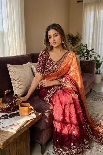 orange-maroon shaded in sequin embroidery chiffon saree 