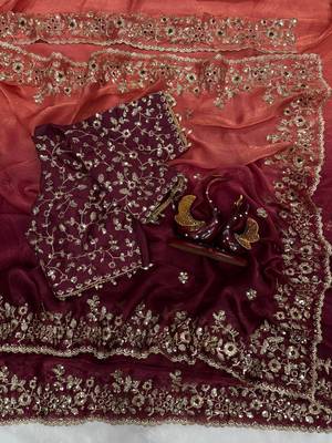 Orange-Maroon Shaded Color In Sequence Embroidery Chiffon Saree Work  3