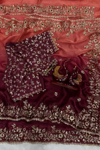 orange-maroon shaded in sequin embroidery chiffon saree 