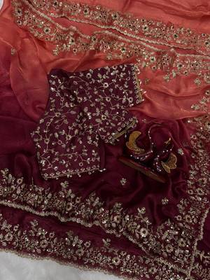 Orange-Maroon Shaded Color In Sequence Embroidery Chiffon Saree Work  4