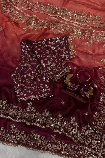 orange-maroon shaded in sequin embroidery chiffon saree 