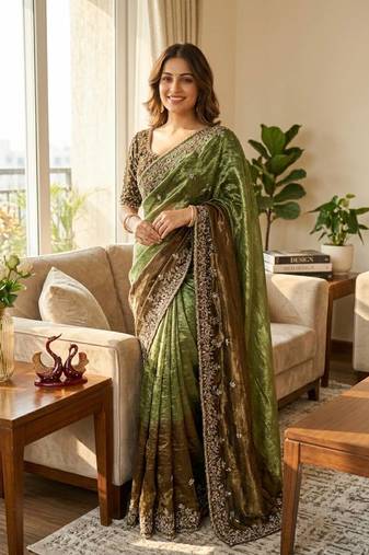 olive green-brown shaded in sequin embroidery chiffon saree 