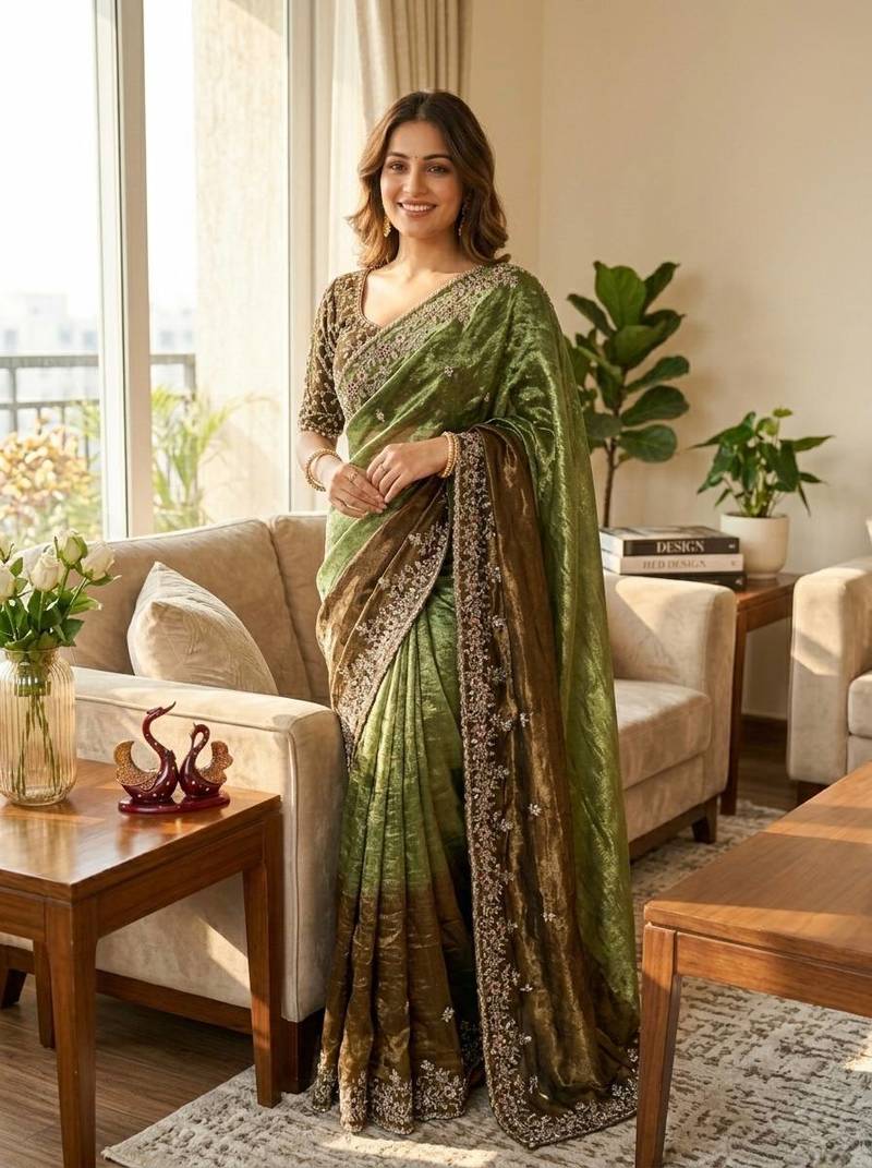 olive green-brown shaded in sequin embroidery chiffon saree 