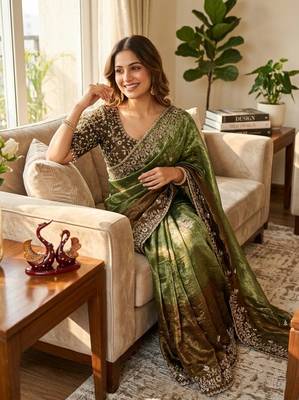 olive green-brown shaded in sequin embroidery chiffon saree  2