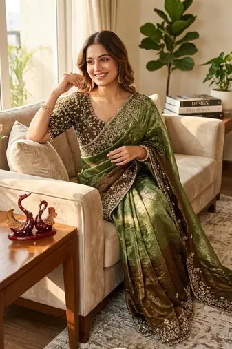 olive green-brown shaded in sequin embroidery chiffon saree 