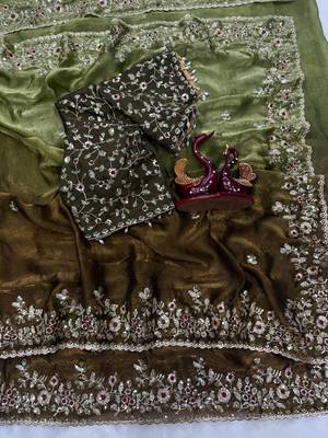 olive green-brown shaded in sequin embroidery chiffon saree  3