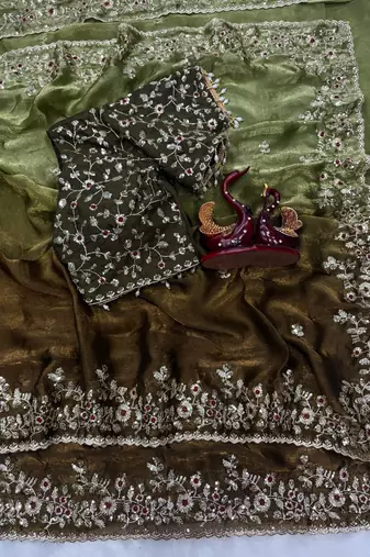 olive green-brown shaded in sequin embroidery chiffon saree 