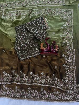 olive green-brown shaded in sequin embroidery chiffon saree  4