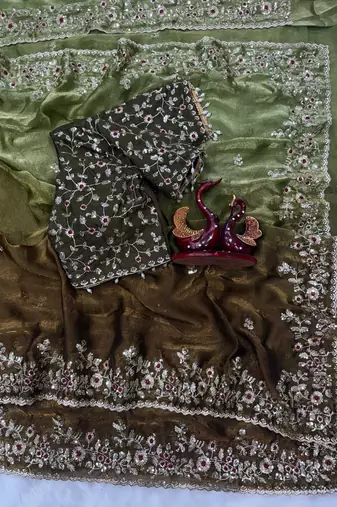 olive green-brown shaded in sequin embroidery chiffon saree 
