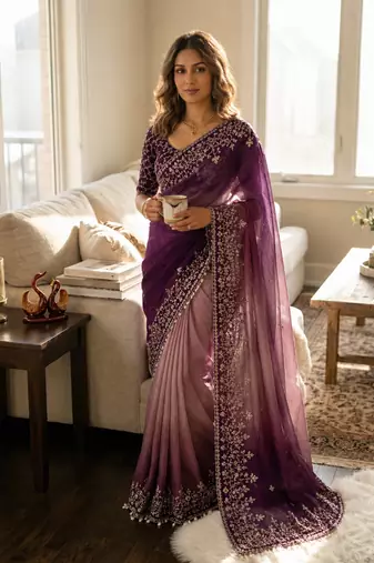 baby pink-purple shaded in sequin embroidery chiffon saree 