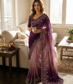 baby pink-purple shaded in sequin embroidery chiffon saree 