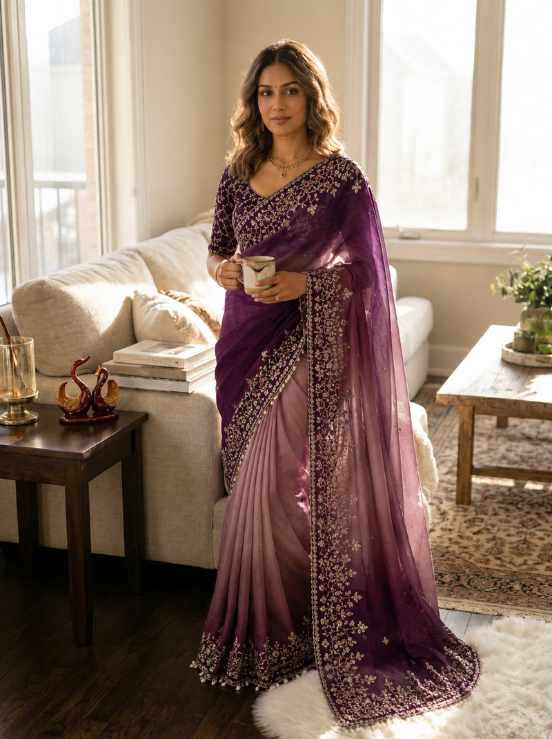 baby pink-purple shaded in sequin embroidery chiffon saree 