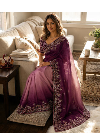 baby pink-purple shaded in sequin embroidery chiffon saree  2