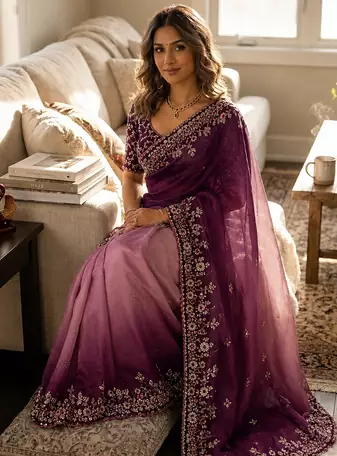 baby pink-purple shaded in sequin embroidery chiffon saree 