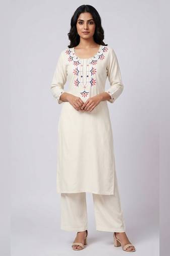 White rayon embroidered kurta set