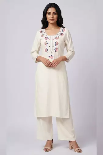 White rayon embroidered kurta set