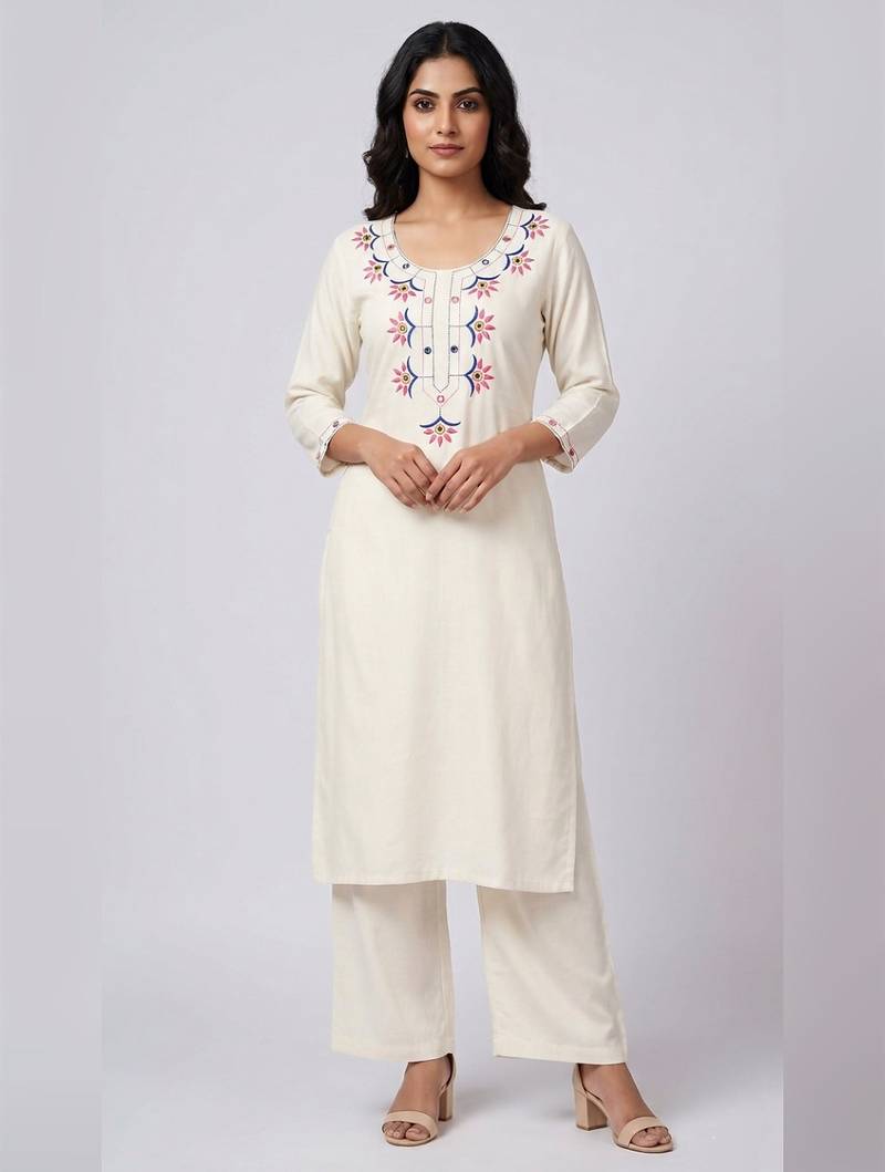 White rayon embroidered kurta set