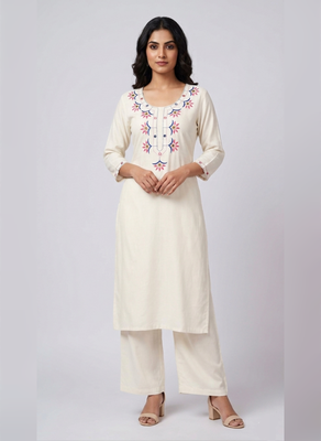 White rayon embroidered kurta set 3