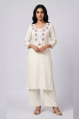 White rayon embroidered kurta set