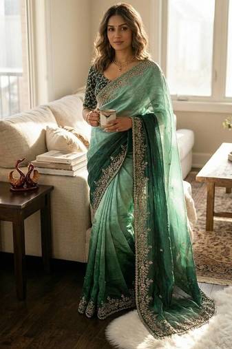 emerald green-bottle green shaded in sequin embroidery chiffon saree 
